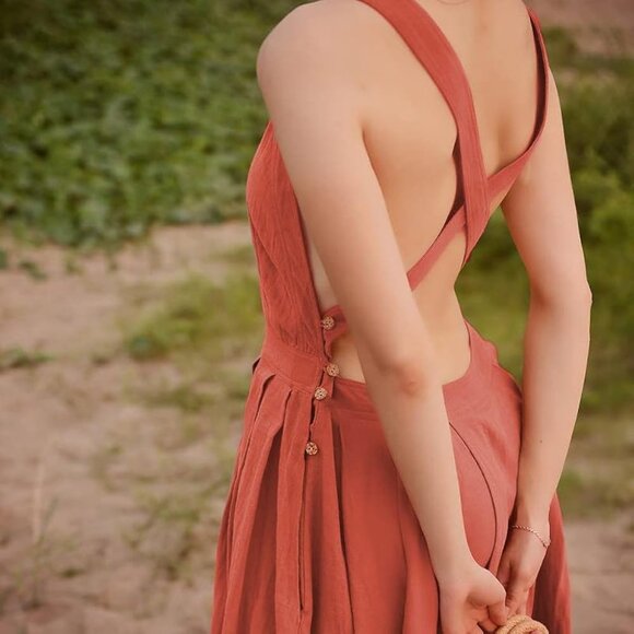 Naked Back Burnt Orange Summer Dress - Picture 1 of 9